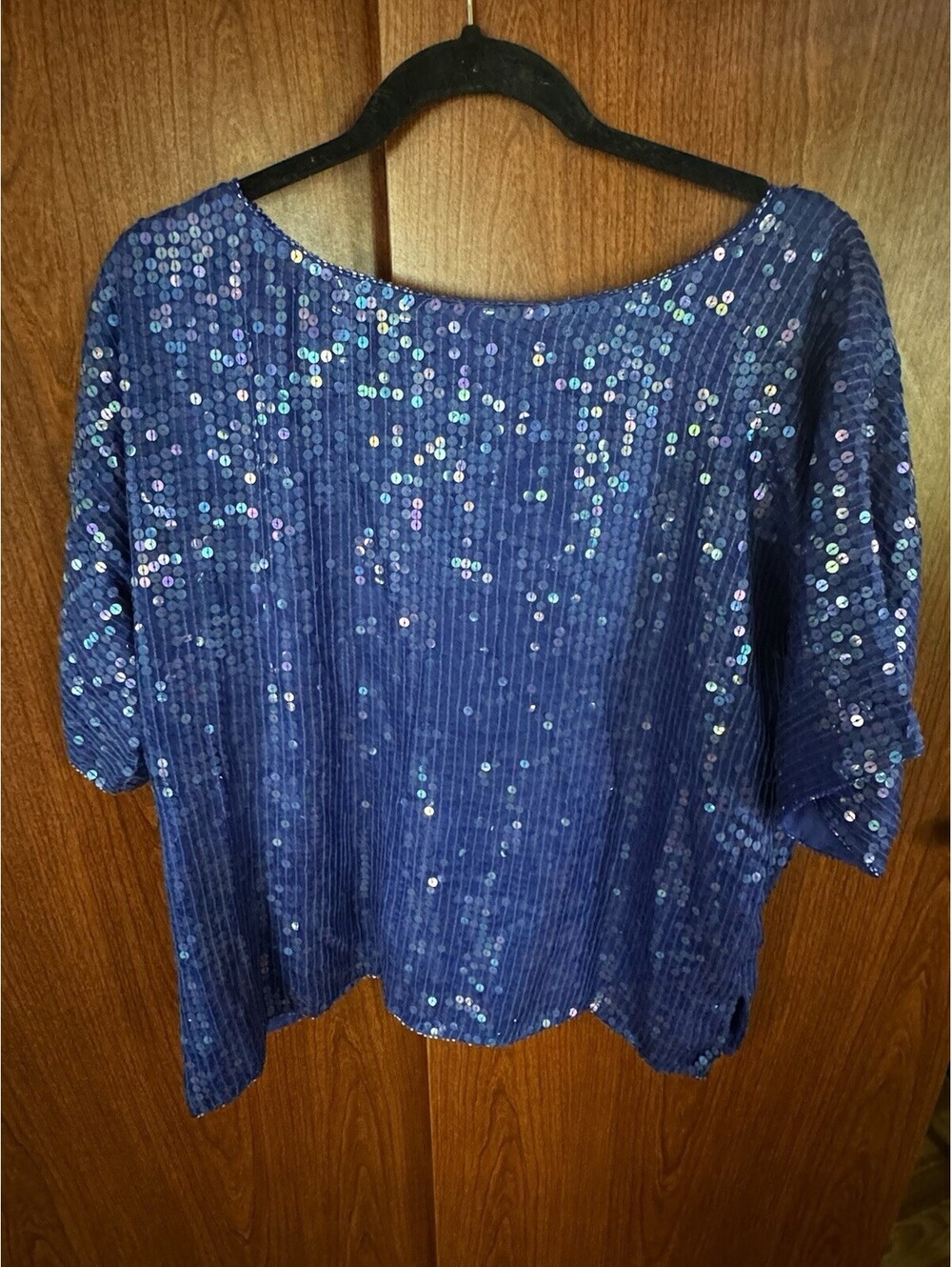 Vintage Jewel Queen XL Blue 100% Silk Sequin Blouse Evening Cocktail Party